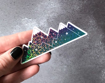 Mountains holo laminated vinyl sticker, white vinyl sticker with holographic lamination, adventure vinyl sticker, waterproof mountains