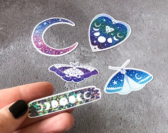 Set of 5 holo laptop stickers, small holographic spot laminated vinyl stickers, moon phase sticker, moth sticker, small sticker pack