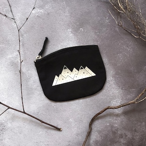 Small zip pouch, mountain adventure black zipper bag with silver design, black organic cotton coin purse, reflective mountain key pouch