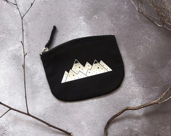 Small zip pouch, mountain adventure black zipper bag with silver design, black organic cotton coin purse, reflective mountain key pouch