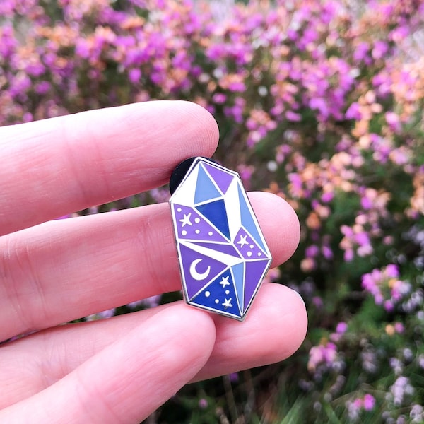 Celestial Crystal enamel pin badge in Purple and Silver, purple gemstone lapel pin, purple hard enamel crystal pin, purple crystal badge