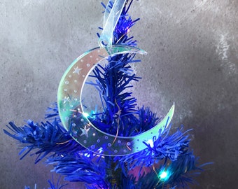 Crescent moon Christmas ornament, iridescent acrylic festive tree decoration, witchy christmas bauble, stars and moon Yule decor