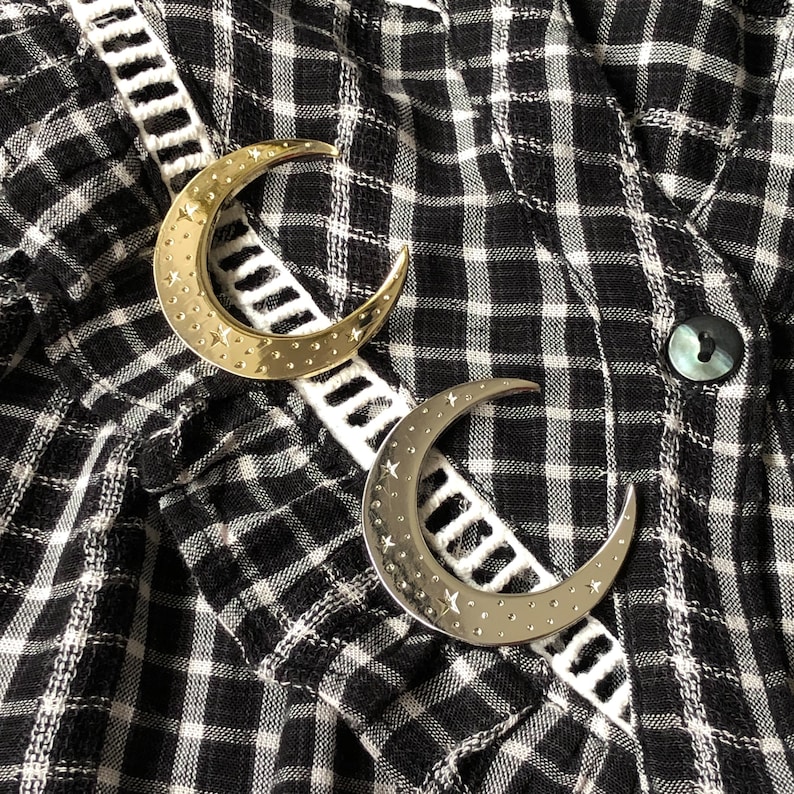 Celestial moon enamel pin, Gold crescent moon pin, silver moon badge, celestial pin with stars image 6