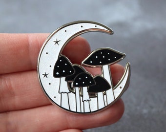 B&W Toadstool Moon enamel pin, fairytale pin badge, glitter moon badge, celestial cottagecore hard enamel pin