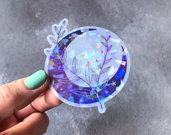 Moon and plant sticker with holographic overlay, translucent vinyl sticker, holo spots moon sticker, withcy laptop sticker