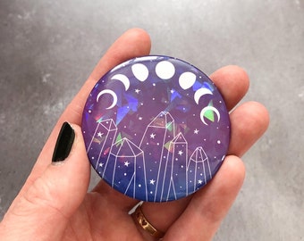 Moons and Crystals mirror, badge or magnet, sparkly celestial magnet, purple crystal badge with holographic effect