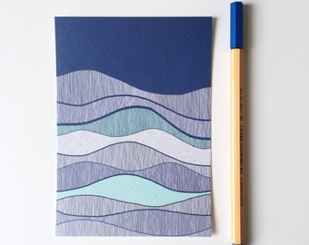 Ocean mini print,  Blue ocean illustration A6 print, blue nursery wall art, gallery wall art