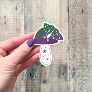 Moth and Mushroom laptop sticker, large holographic vinyl sticker, cottagecore sticker, ombre nature sticker