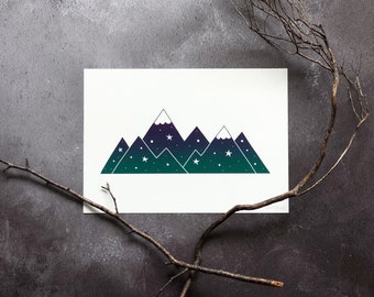 Impresión de montaña, impresión de aventura A5, decoración de pared celestial, impresión de arte infantil inspirada en la montaña, impresión de ilustración de la naturaleza