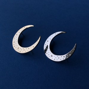 Celestial moon enamel pin, Gold crescent moon pin, silver moon badge, celestial pin with stars image 1