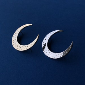 Celestial moon enamel pin, Gold crescent moon pin, silver moon badge, celestial pin with stars