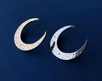 Celestial moon enamel pin, Gold crescent moon pin, silver moon badge, celestial pin with stars
