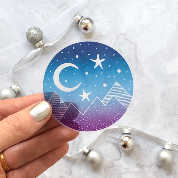 Mountains vinyl sticker, Clear festive sticker, glossy celestial vinyl sticker, ombre night sky sticker, laptop moon sticker