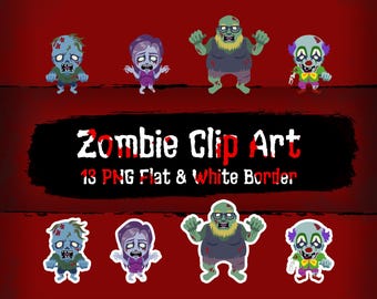 Pacchetto di clipart di zombie in formato PNG – Confezione da 13 – Bordo bianco e piatto