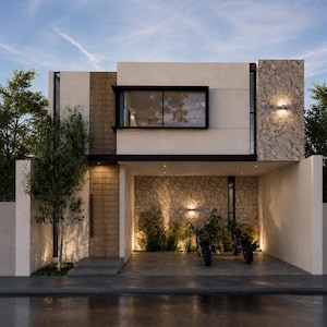May include: A two-story house with a flat roof, featuring a facade of smooth beige concrete, vertical wood paneling, and textured stone masonry. The ground floor includes an open carport with two motorcycles and a stone wall with integrated lighting.
