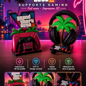 Puede incluir: Un conjunto de accesorios de juego impresos en 3D que incluye un soporte para mando rojo y un soporte para auriculares negro, decorados con palmeras verdes y la marca Grand Theft Auto VI sobre un fondo de atardecer de luces neón.