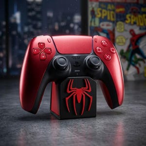 May include: A metallic red and black wireless video game controller resting on a black charging dock. The dock features a prominent red spider emblem on the front. The controller includes standard directional buttons, two analogue sticks, and action buttons.