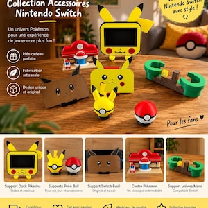 Könnte beinhalten: Eine Sammlung von Nintendo Switch-Zubehör, bestehend aus einer gelben Pikachu-Dockingstation, einem Evoli-Konsolenständer, einem rot-weißen Pokéball-Controllerhalter, einem roten Pokémon-Center und einem grünen Mario-Röhren-Spielhalter.