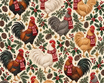 Op de afbeelding: Een herhalend patroon met hanen in verschillende kleuren, waaronder wit, bruin en grijs, elk met een rood-witte gebreide sjaal met patroon. De hanen zijn omringd door groene dennentakken, rode hulstbessen, bruine dennenappels en gouden sterren.
