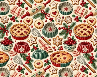 Peut inclure: Un motif répétitif composé d'éléments de pâtisserie de Noël, notamment des tartes à croûte quadrillée, des fouets, des rouleaux à pâtisserie à motifs de houx, des torchons à carreaux rouges et blancs, des biscuits en étoile et des branches de pin.