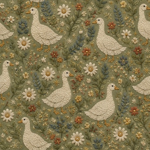 May include: A sage green fabric featuring an embroidered pattern of white geese with orange beaks and feet, interspersed with white daisies, small red flowers, and blue sprigs of foliage arranged in a repeating botanical design.