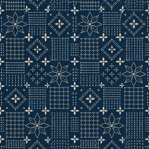 Puede incluir: Una tela azul oscuro con un patrón de bordado sashiko repetitivo en hilo color blanco hueso. El diseño consiste en cuadrados alternos que contienen formas de estrellas geométricas, líneas de cuadrícula y pequeños motivos florales de cuatro pétalos.