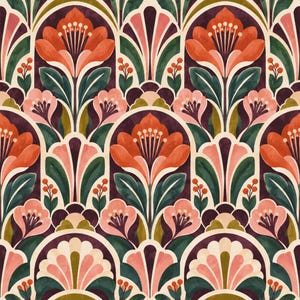 Puede incluir: Un patrón repetitivo que presenta grandes flores naranjas centradas dentro de arcos de color púrpura oscuro, intercaladas con flores rosas más pequeñas, hojas verde oscuro y delicadas ramas de bayas rojas sobre un fondo crema.