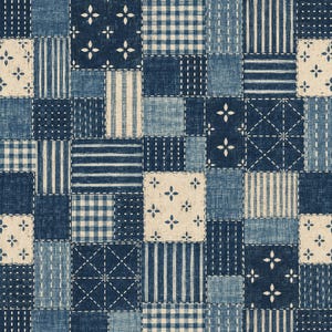 May include: A fabric featuring a patchwork design with various shades of blue and off-white. The pattern consists of squares and rectangles displaying diverse motifs including gingham checks, vertical stripes, dotted lines, and small floral shapes.