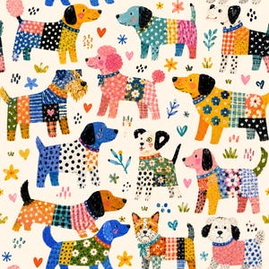 May include: A repeating pattern featuring various dog breeds illustrated with colourful patchwork-style textures. The dogs are depicted in shades of blue, yellow, pink, and orange, interspersed with small floral motifs, hearts, and dots on a cream background.