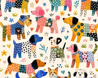 May include: A repeating pattern featuring various dog breeds illustrated with colorful patchwork-style textures. The dogs are depicted in shades of blue, yellow, pink, and orange, interspersed with small floral motifs, hearts, and dots on a cream background.