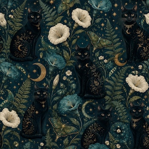 May include: A seamless pattern featuring black cats adorned with gold celestial motifs, including crescent moons and stars, interspersed with white morning glory flowers, green fern fronds, and detailed moths on a dark teal background.