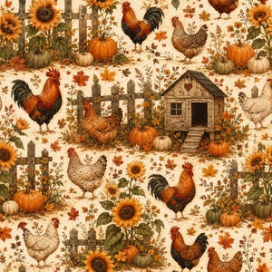 May include: A seamless pattern featuring roosters, hens, and chickens interspersed with orange pumpkins, green gourds, and yellow sunflowers. The design includes wooden fences and a small chicken coop, all set against a background of autumn leaves.