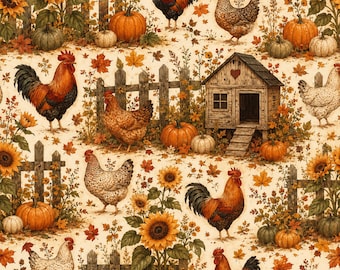 Peut inclure: Un motif répétitif représentant des coqs, des poules et des poussins parmi des citrouilles orange, des courges vertes et des tournesols jaunes. Le design inclut des clôtures en bois et un petit poulailler sur un fond de feuilles d'automne.