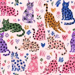 May include: A repeating pattern on a light pink background featuring various cats with colourful fur designs including leopard spots, floral prints, and heart shapes, interspersed with small painted flowers, hearts, and brushstroke accents.