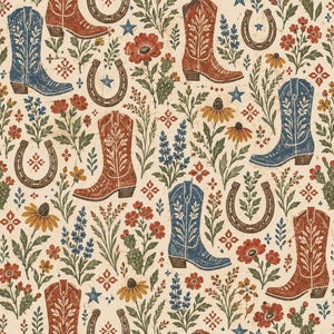 May include: A repeating pattern on a cream background featuring blue and rust-colored cowboy boots, brown horseshoes, small blue stars, green cacti, and various wildflowers in shades of red, yellow, and blue with green leaves and stems.