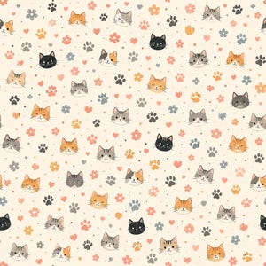 Könnte beinhalten: Ein sich wiederholendes Muster auf cremefarbenem Hintergrund mit stilisierten Cartoon-Katzenköpfen in verschiedenen Farben wie Orange, Grau, Schwarz und Schildpatt, durchsetzt mit kleinen orangefarbenen und blauen Blumen, grauen Pfotenabdrücken und kleinen rosa Herzen.