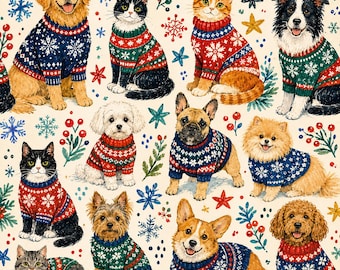 Peut inclure: Un motif répétitif représentant divers chiens et chats portant des pulls de Noël colorés avec des motifs de flocons de neige, entremêlés d'illustrations de baies rouges, de branches de pin vertes et d'étoiles jaunes et bleues sur fond crème.