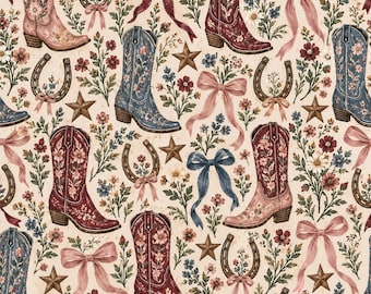 Peut inclure: Un motif répétitif représentant des bottes de cow-boy dans des tons de rose, rouge et bleu, ornées de motifs floraux. Le design inclut des fers à cheval marron, des étoiles à cinq branches et des rubans roses et bleus sur fond crème.