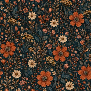 May include: A seamless pattern featuring a dark navy blue background densely covered with botanical illustrations of orange flowers, cream-coloured daisies, small yellow clusters, and intricate green and brown foliage throughout.