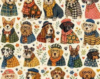 May include: A repeating pattern featuring various dog breeds wearing colorful sweaters, scarves, hats, and glasses, interspersed with small floral illustrations, hearts, and paw prints on a light cream background.