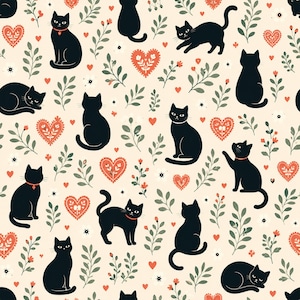 Op de afbeelding: Een herhalend patroon op een crèmekleurige achtergrond met zwarte katten in verschillende houdingen, afgewisseld met rode decoratieve harten, kleine witte bloemen en groene takjes met bladeren. De katten zitten, liggen of rekken zich uit.