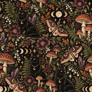 May include: A seamless pattern featuring black cats wearing crescent moon pendants, brown and white moths, red-capped mushrooms, purple crystals, dark flowers, green ferns, and golden moon phases set against a deep black background.