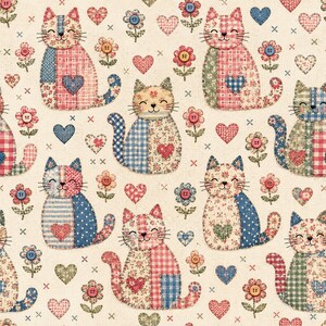 May include: A fabric pattern featuring repeating illustrations of cats composed of various patchwork textures, including floral, plaid, and polka dot prints. The cats are interspersed with small hearts and flowers, all set against a light beige background.