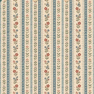 May include: A repeating pattern featuring vertical stripes in muted blue and cream. The cream stripes display a delicate floral motif with small red and blue flowers on green stems, while the blue stripes contain thin white line details.