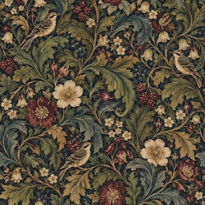 May include: A repeating wallpaper pattern featuring small brown birds perched among dark green foliage, deep red flowers, white blossoms, and clusters of dark berries. The intricate botanical design is set against a dark, moody background.