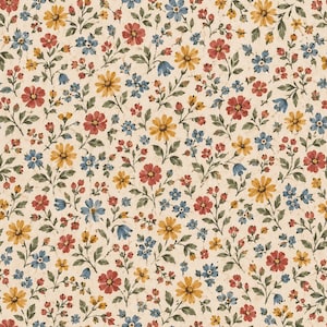 Blommigt bomullstyg med höstäng, små vildblommor, quiltning i vintagestil (100 % bomull)