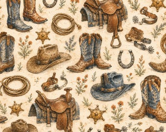 Peut inclure: Un motif répétitif composé de bottes de cow-boy en cuir marron et bleu, de chapeaux de cow-boy beiges, de selles en cuir marron, de cordes enroulées, de fers à cheval, d'étoiles de shérif et d'éperons, parsemé de petites fleurs orange et vertes.