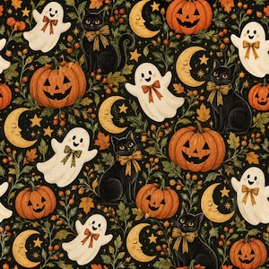 May include: A repeating pattern on a black background featuring orange jack-o'-lanterns, white ghosts with brown bows, black cats with gold bows, yellow crescent moons with faces, small stars, and green foliage with orange berries.