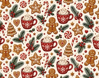 Peut inclure: Un motif répétitif sur fond crème représentant des bonshommes en pain d'épices, des tasses rouges remplies de crème fouettée avec des flocons, des biscuits en étoile, des sucres d'orge, des branches de pin et des bonbons.