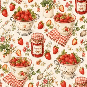 May include: A repeating pattern featuring red strawberries, white flowers, and green leaves. The design includes white colanders filled with strawberries, jars labeled Strawberry Jam with red checkered lids, and silver spoons on a cream background.